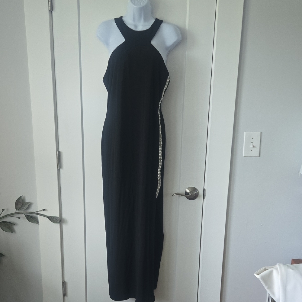 Jump Black Sleeveless Halter Sheath Dress With Silver Embellishments & Slit